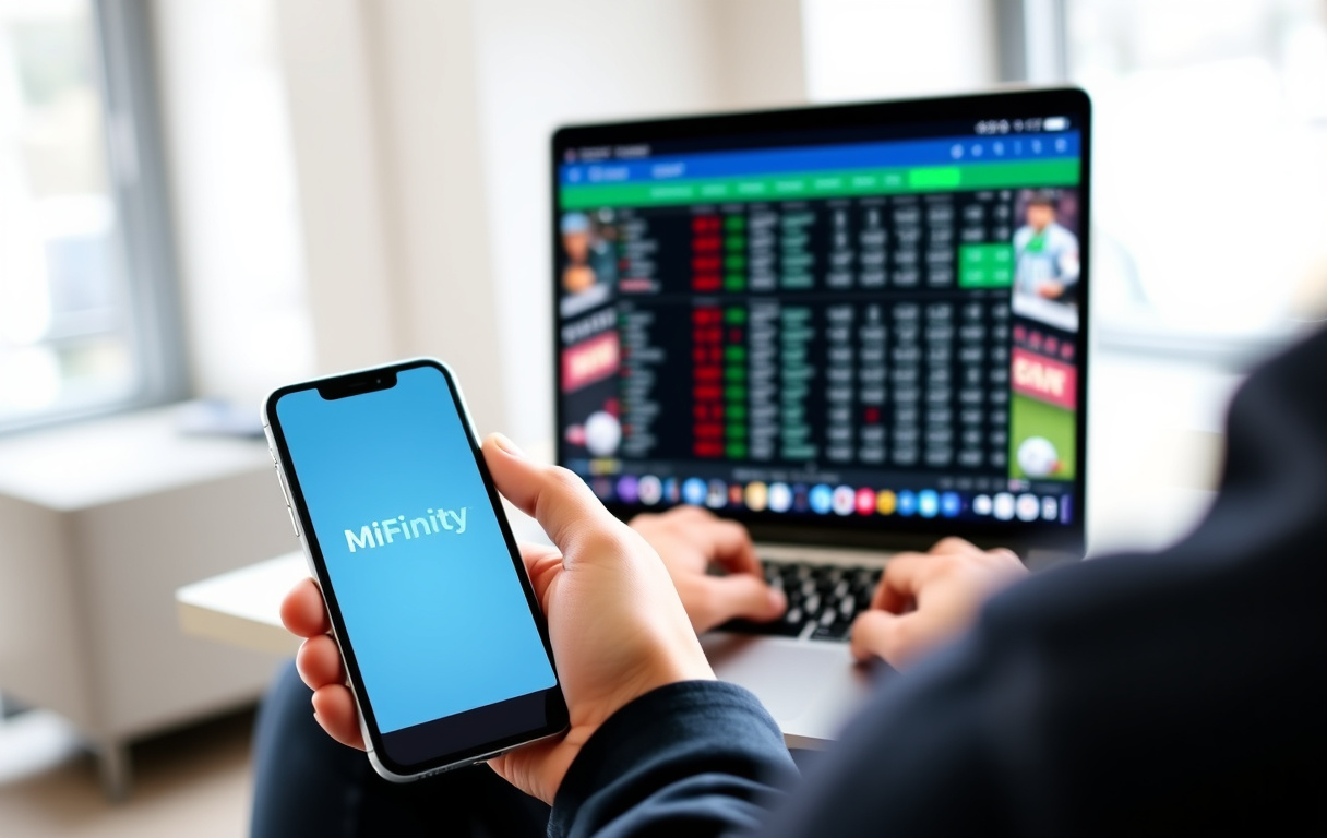 Person som bruker MiFinity på mobil for å sette inn penger på en bettingside.