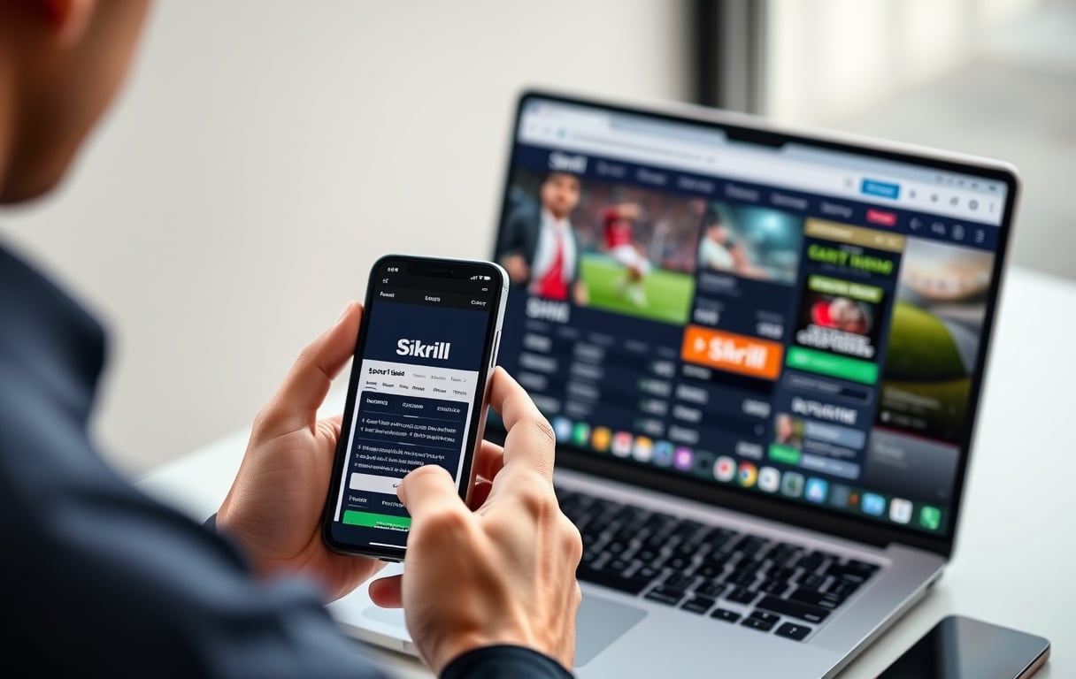 Person med Skrill-appen på mobilen foran en laptop med en oddsside