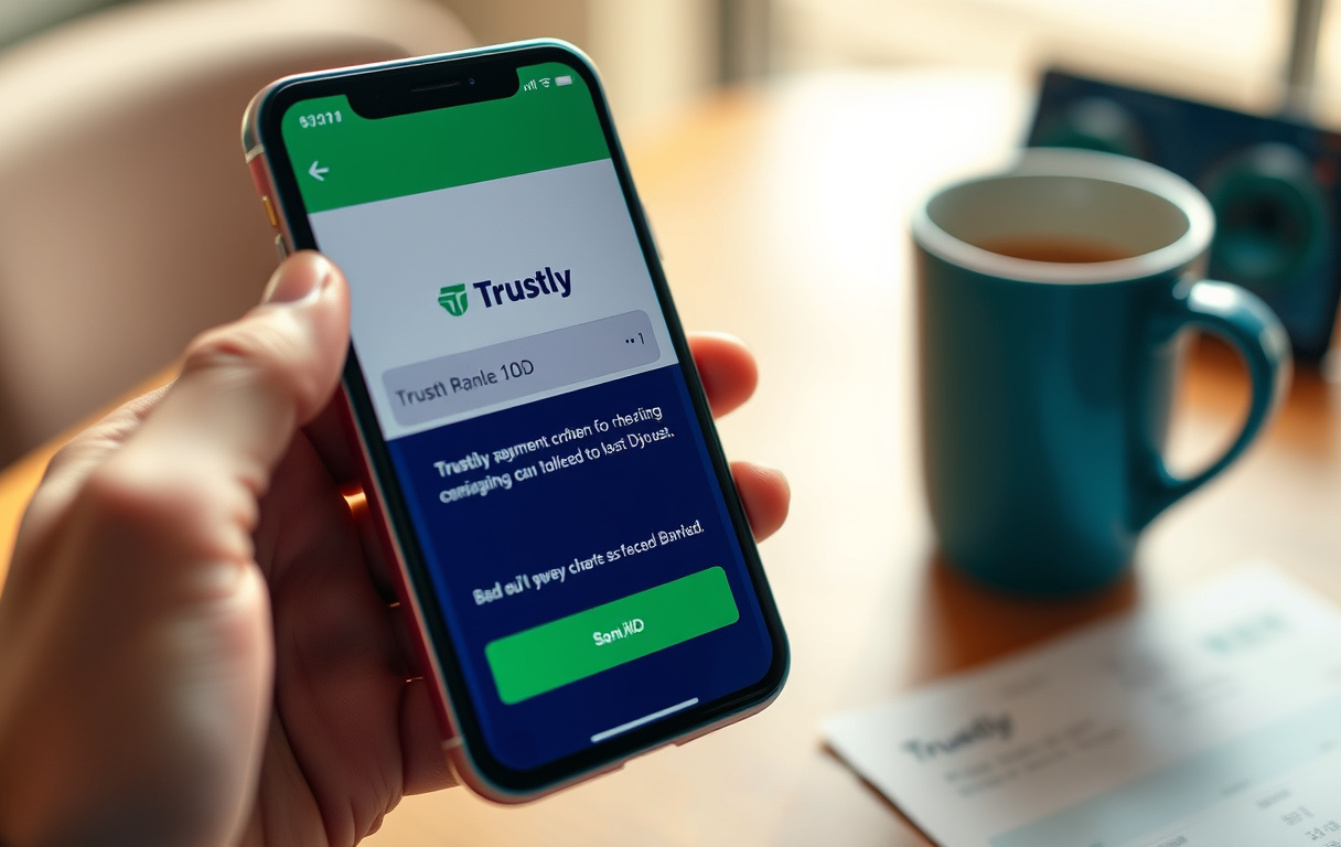 Mobiltelefon med Trustly-betaling via BankID, med odds-spill i bakgrunnen