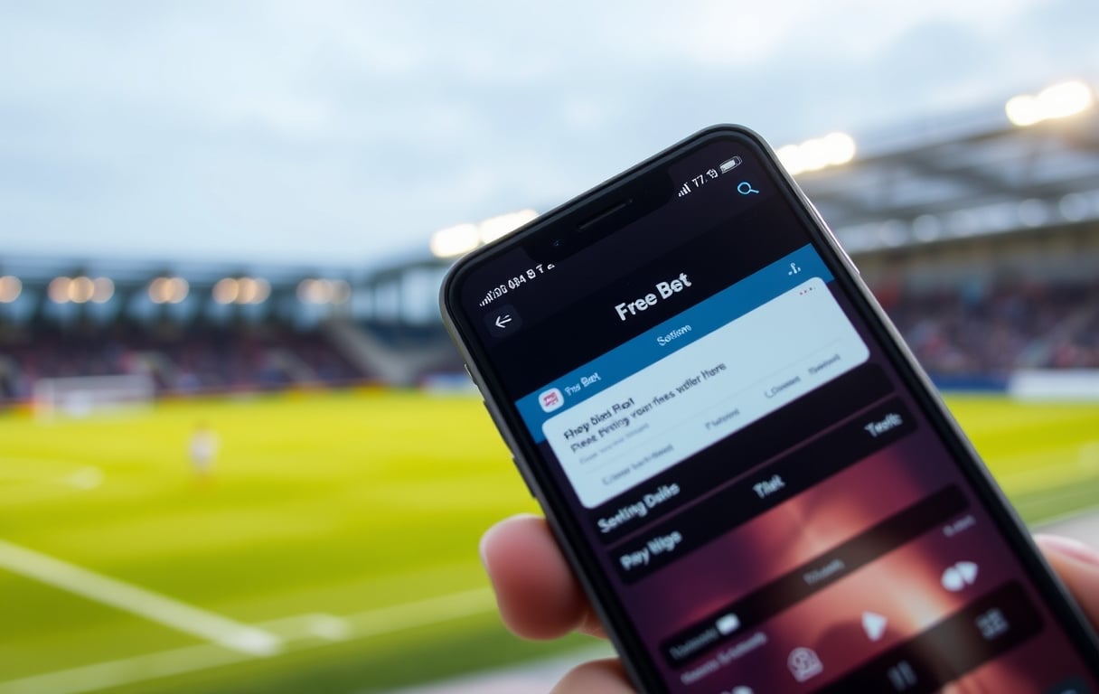 Smarttelefon med gratisspill-bonus i en betting-app foran en fotballbane