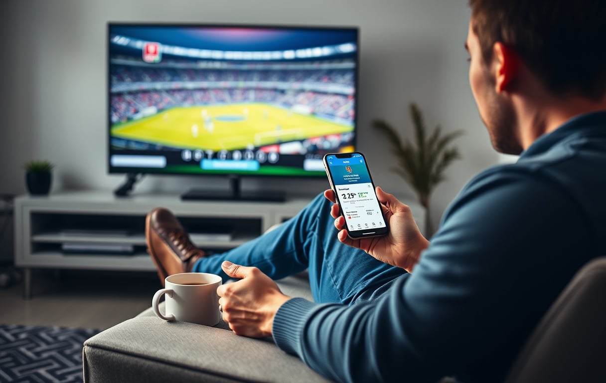 Person som ser på fotballkamp og har en cashback-melding på mobilen