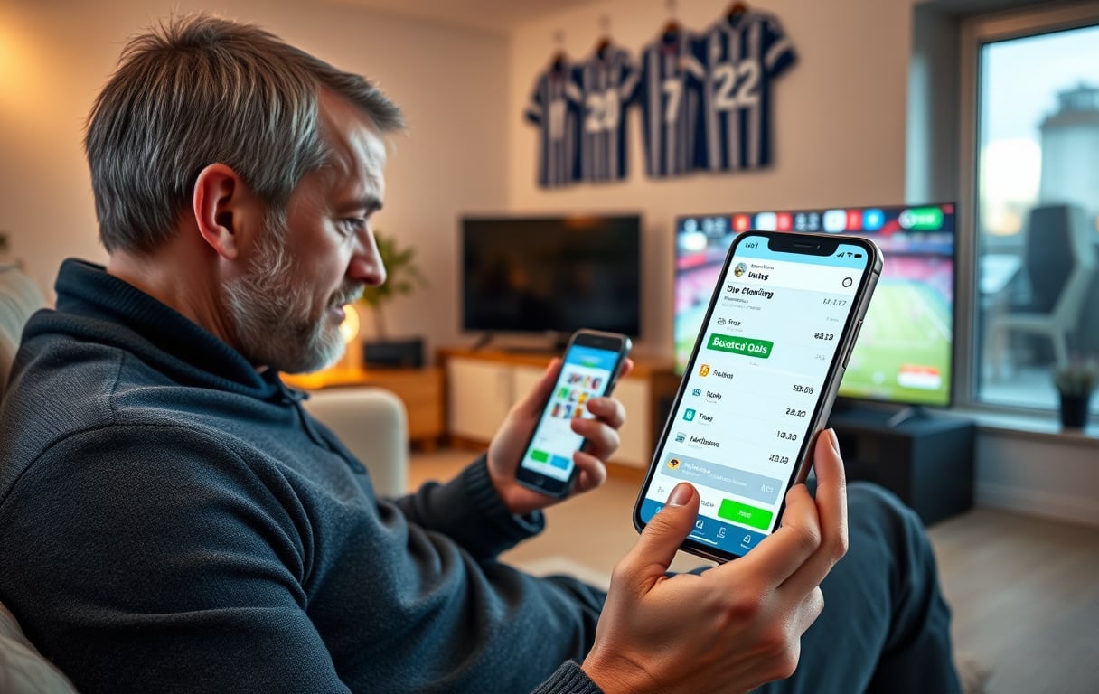 Norsk mann på sofa som sjekker boostet odds på mobil med fotballkamp på TV