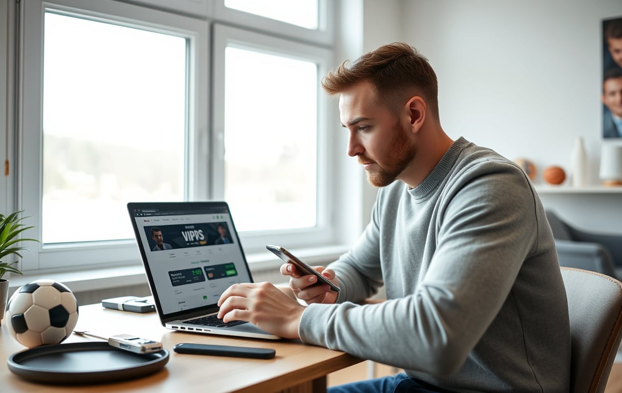 Norsk spiller som vurderer velkomstbonus på betting siden med laptop og mobil