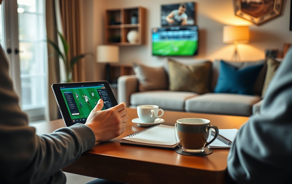 Person som analyserer fotballodds på nettbrett mens han drikker kaffe – ansvarlig spillestil.