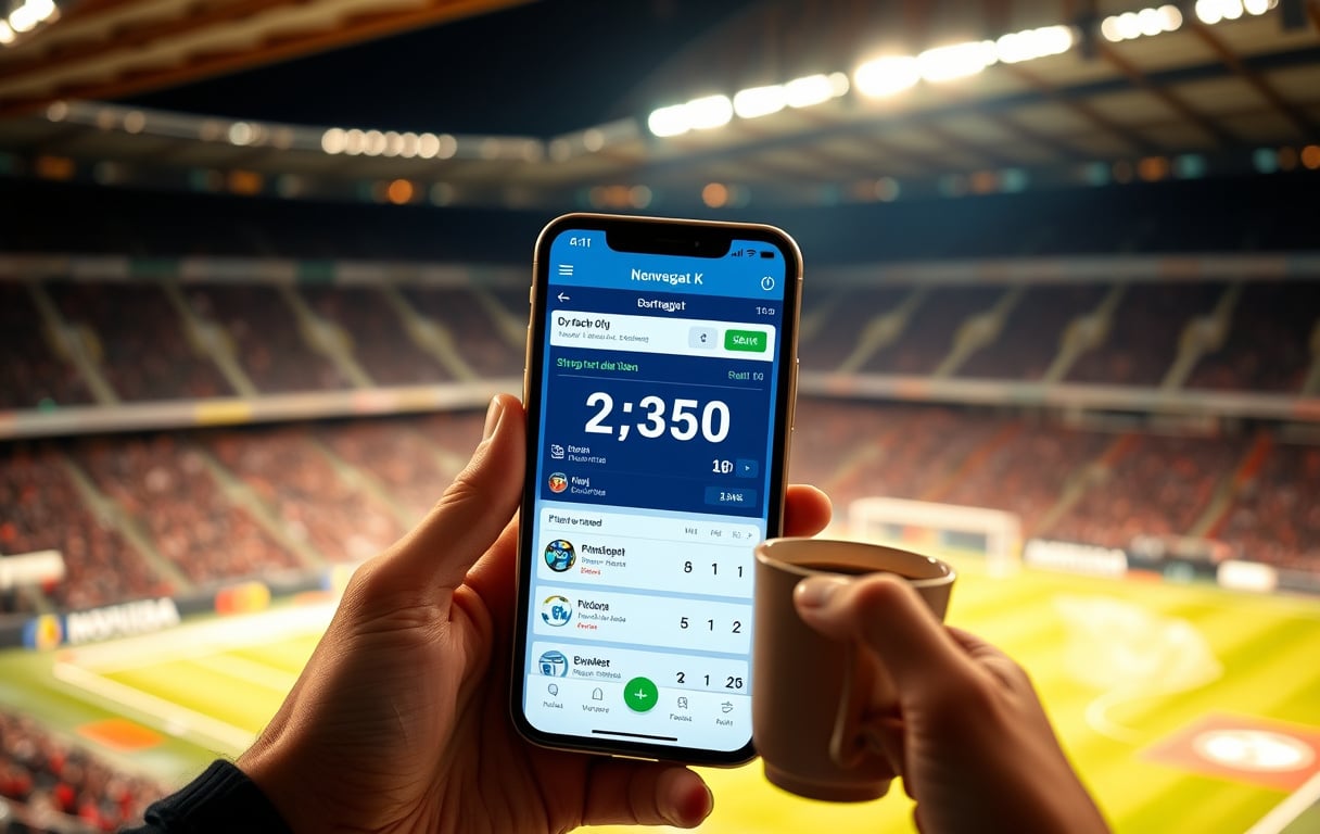 Smarttelefon med sportsbetting-app som viser desimalodds på en fotballkamp, med et stadion i bakgrunnen