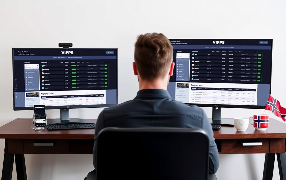 Person som sammenligner bettingsider på to skjermer, med Vipps-app på telefon og norsk flagg-kopp