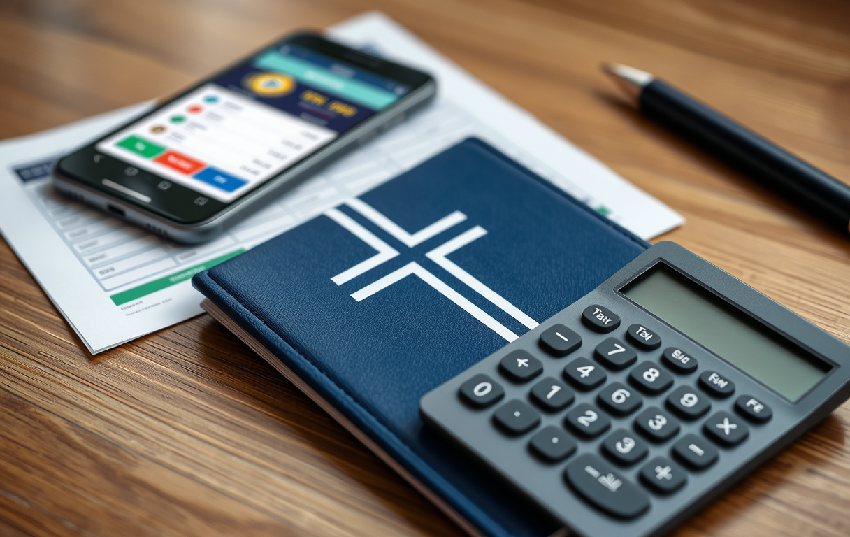 Norsk pass og kalkulator på et skrivebord med mobiltelefon som viser en betting-app og et skatteskjema i bakgrunnen