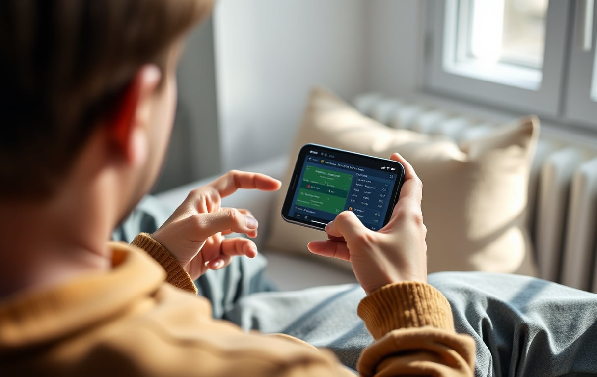 En person som tipper på mobilen med en fotballkamp på skjermen.