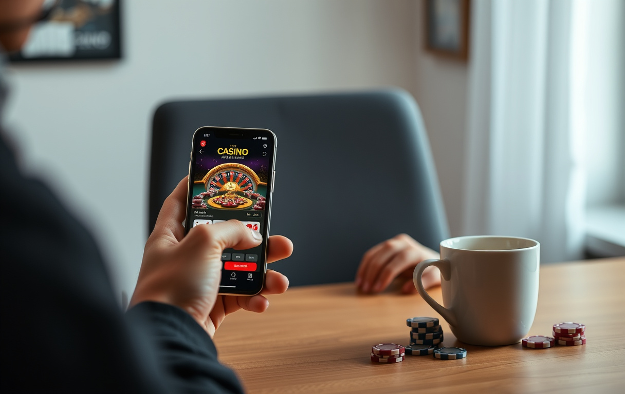 Person med telefon som viser casino-app, kaffekopp og pokerchips på bordet