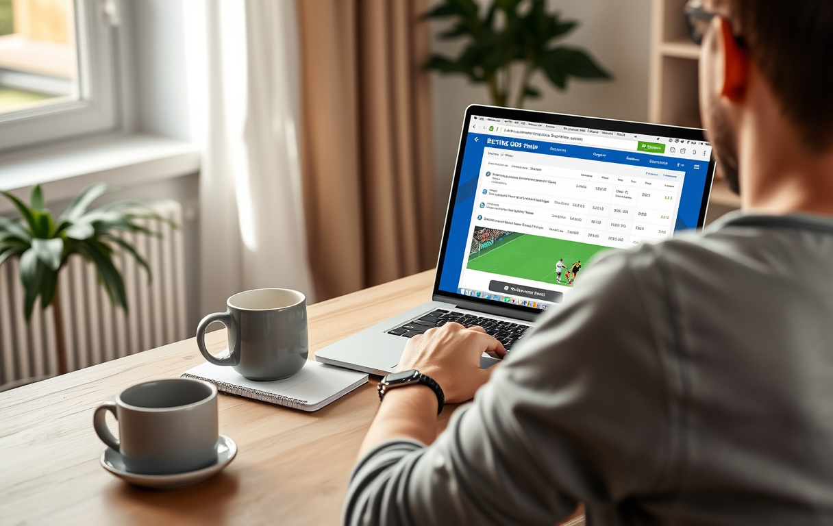 En person som sammenligner odds på en bærbar PC med en kopp kaffe ved siden av seg.