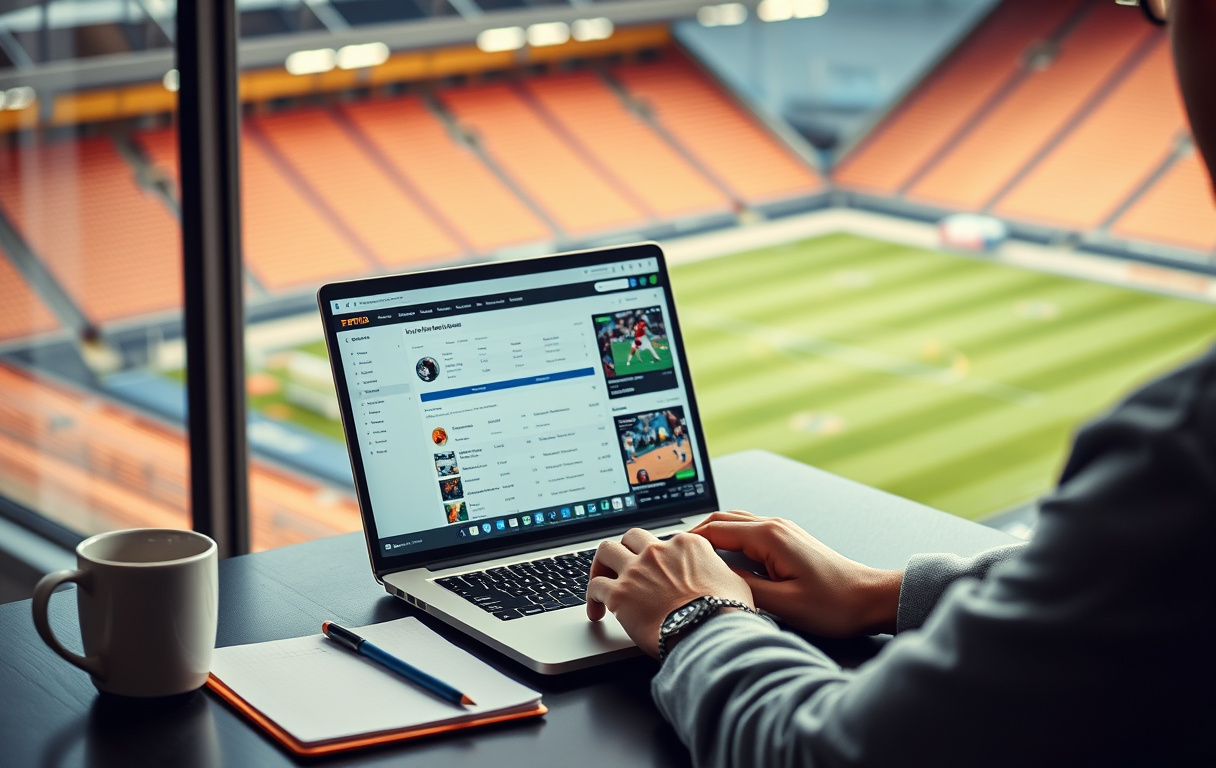 En person som sammenligner bettingsider på en bærbar PC med en kopp kaffe og notatblokk på skrivebordet