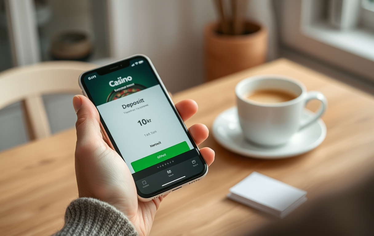 Person med mobiltelefon som viser innskuddsskjerm med 10 kroner minimum på et casino