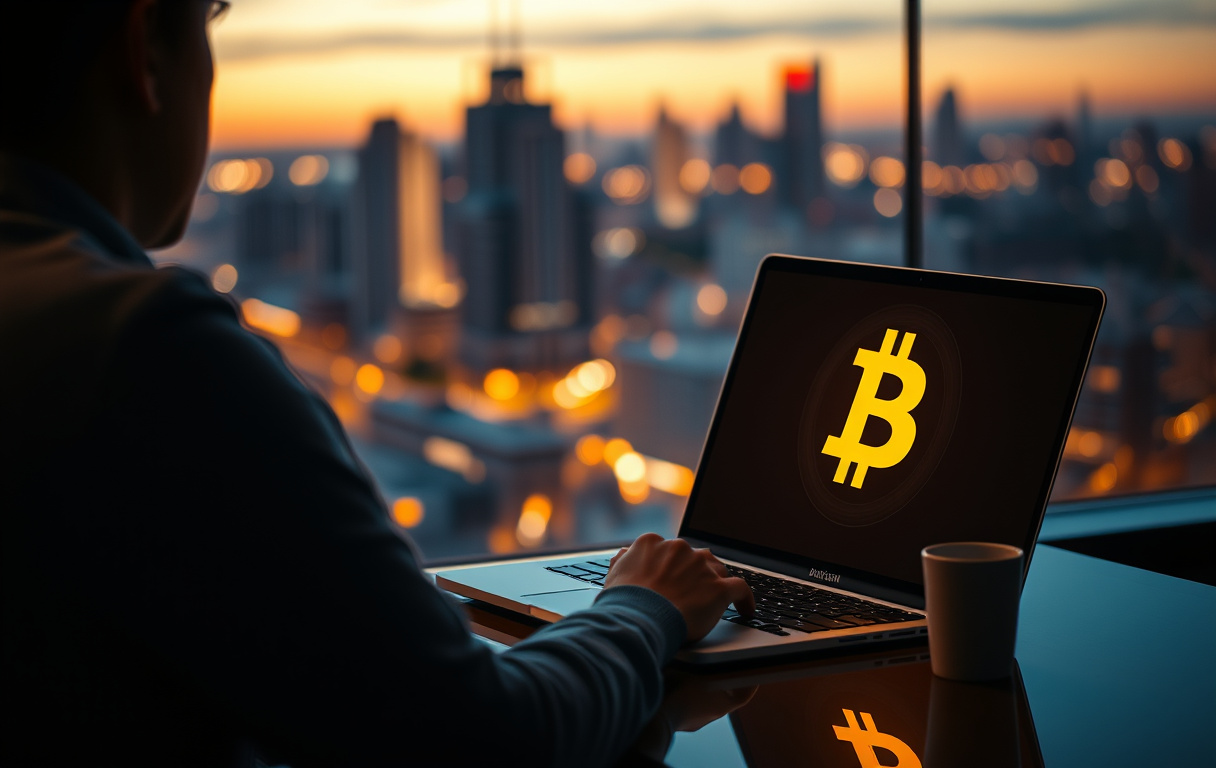 Person som spiller på kryptocasino med Bitcoin-symbol på skjermen
