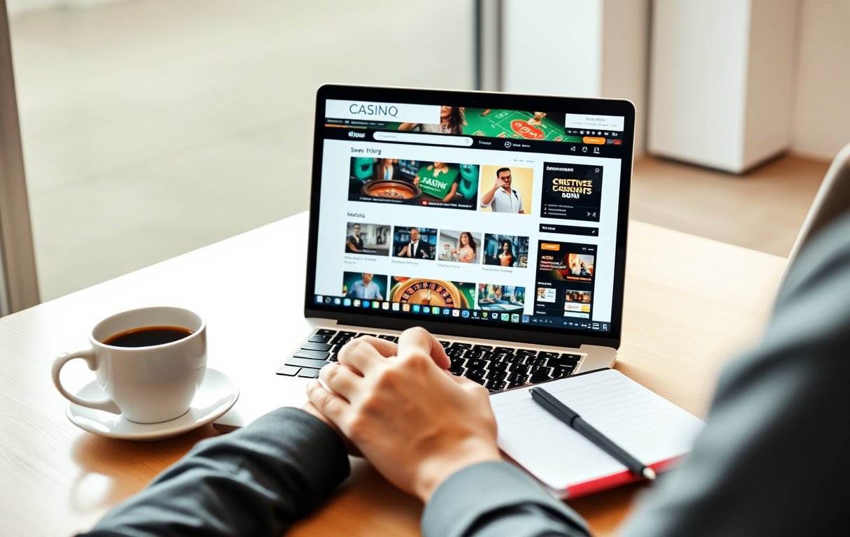 Person som sammenligner casinoer på laptop med notatblokk.
