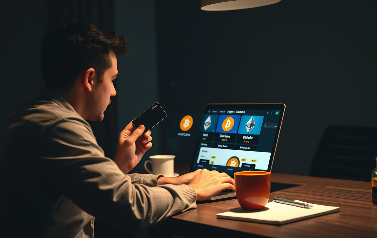 Person som sitter ved et skrivebord og ser på en bærbar PC med kryptocasino-side, Bitcoin- og Ethereum-logoer synlig