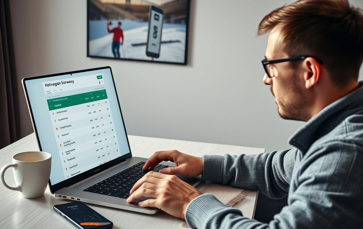 Norsk spiller sammenligner oddsbonus på laptop med Vipps-app og sportsposter på veggen.