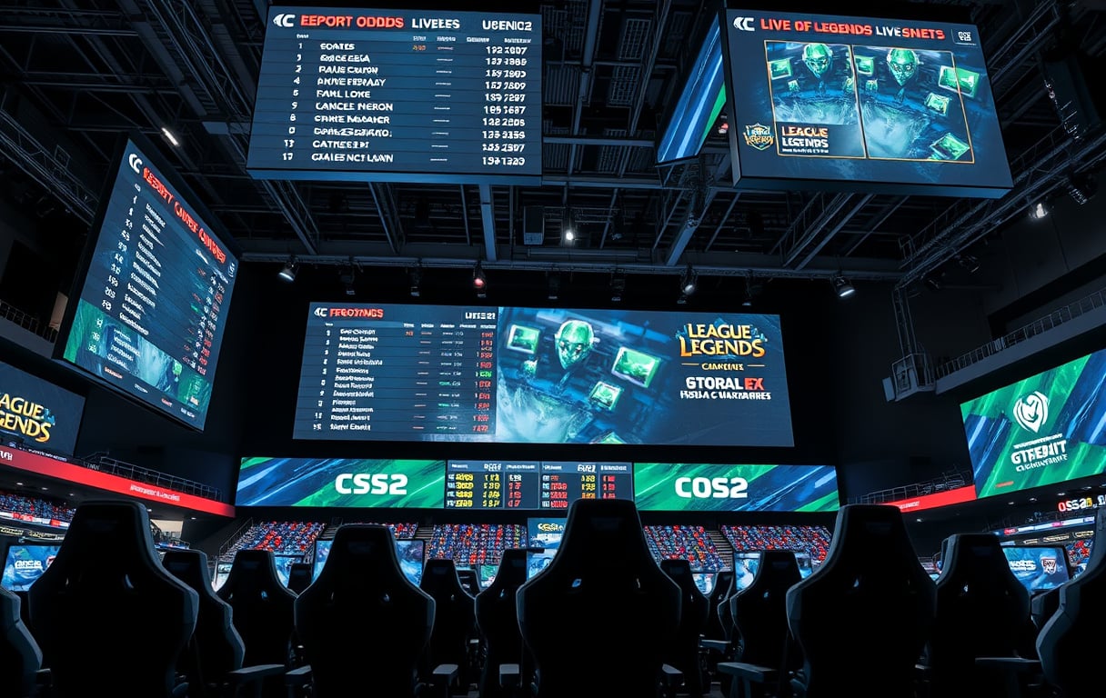 eSport-arena med odds på storskjerm og spillere i aksjon