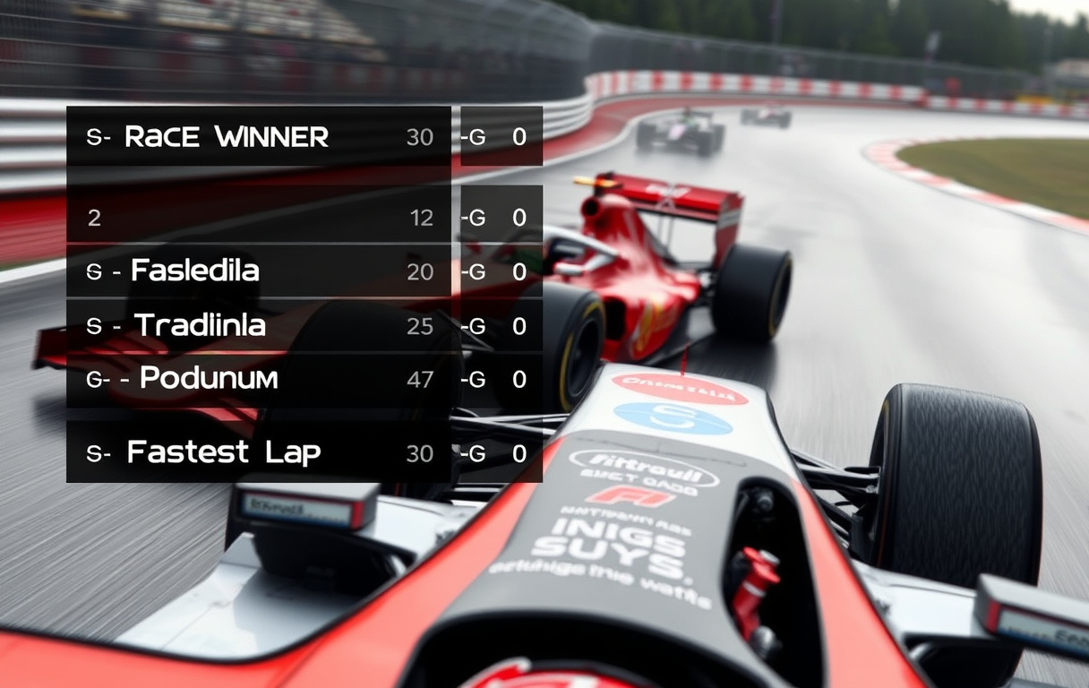 Formel 1-bil på våt bane med betting odds-markeder som løpsvinner, pallplass og raskeste runde vist i en odds-app