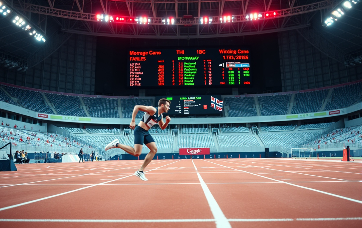 To sprintere i et 100 meter heat med en digital oddstavle i bakgrunnen.