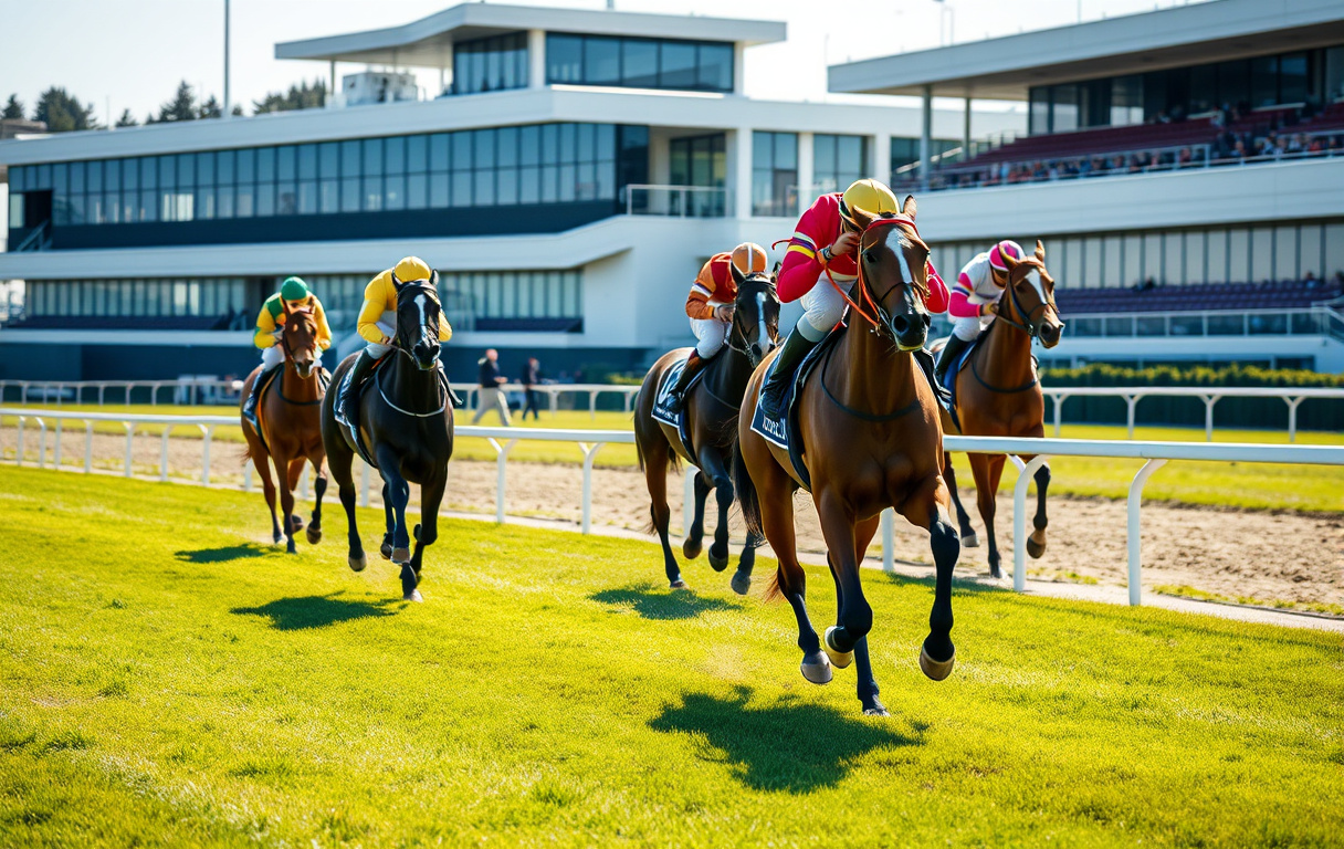 Hester i full galopp på en gressbane med tribuner i bakgrunnen – fotorealistisk sportsbilde