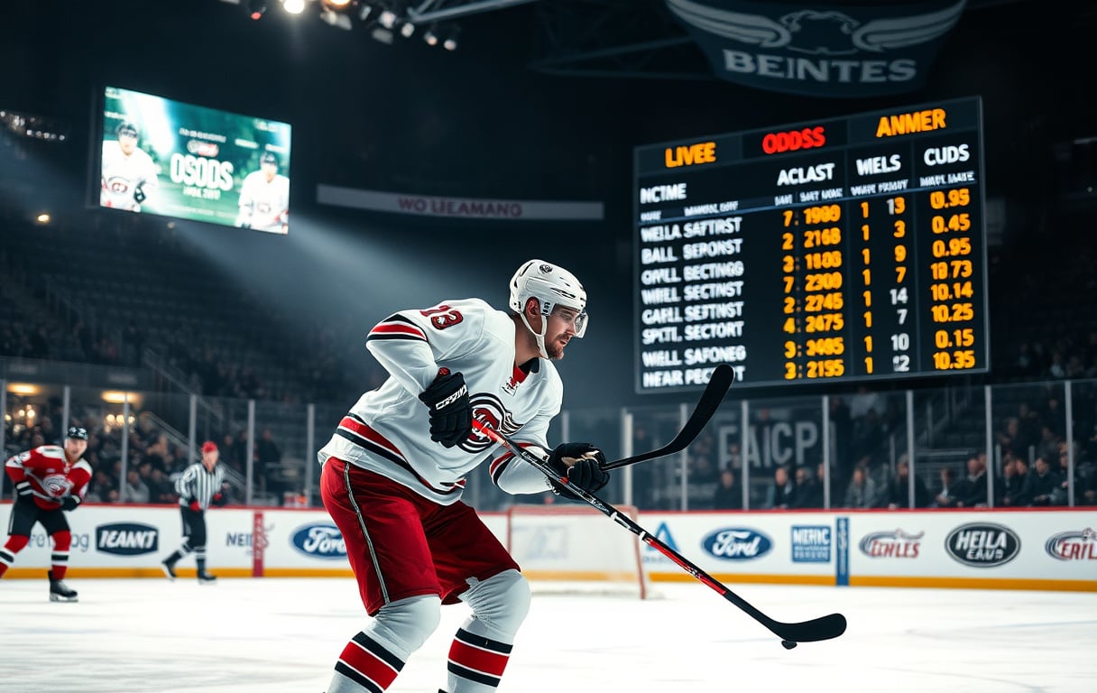 Ishockeykamp med odds på skjerm i bakgrunnen