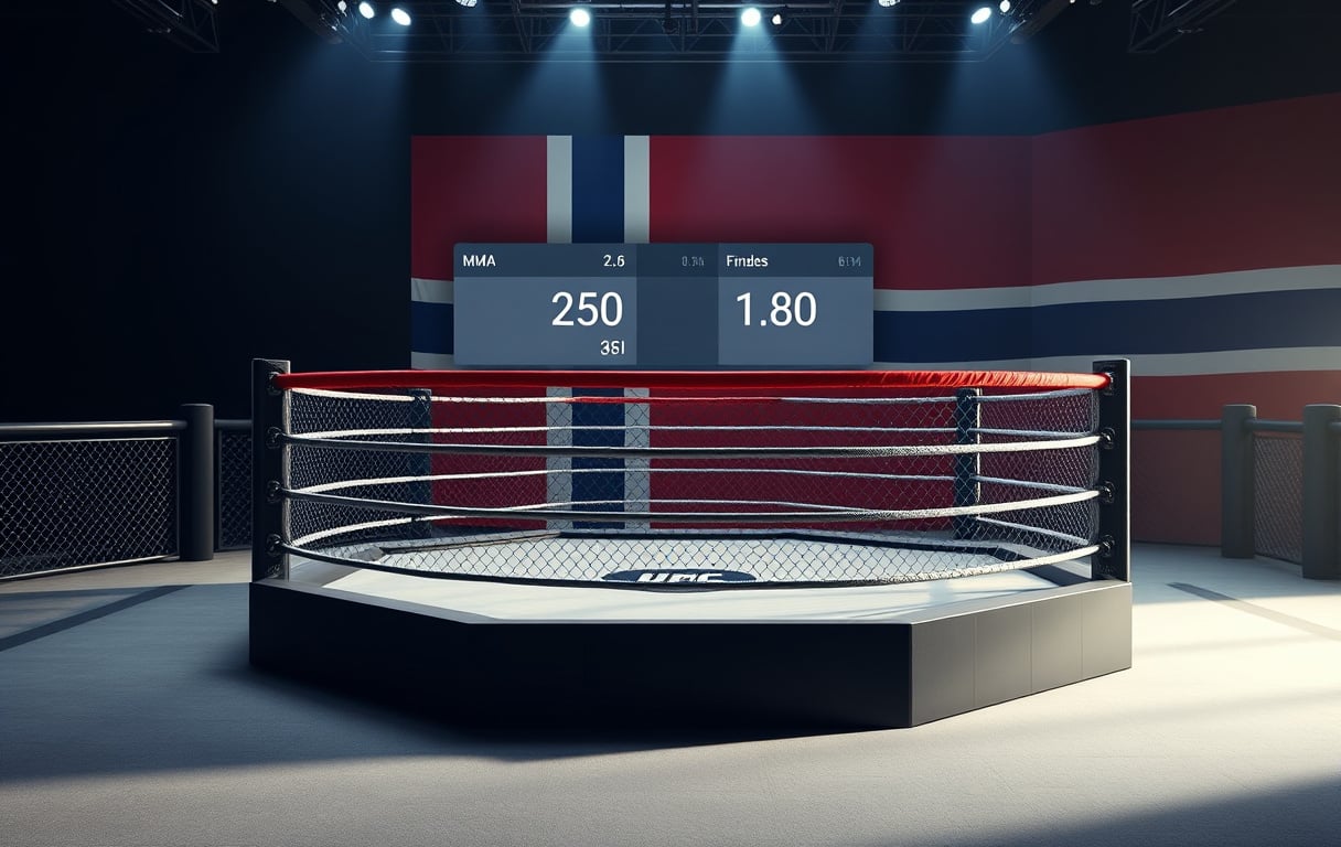 MMA-oktagon med bettingodds på skjerm, norsk flagg