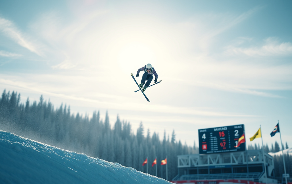 Skihopper i svev med odds på skjerm i bakgrunnen