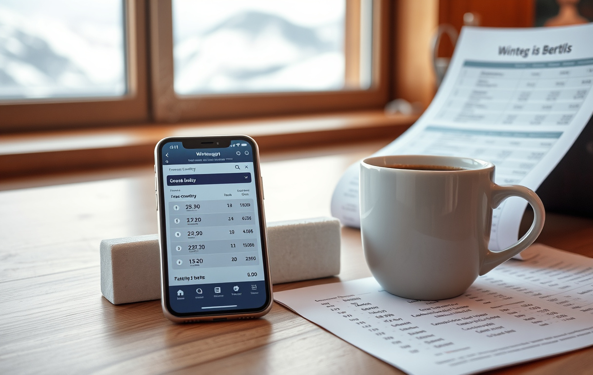 Smarttelefon med betting-app for vintersport, kaffekopp og statistikkark foran vinterlandskap
